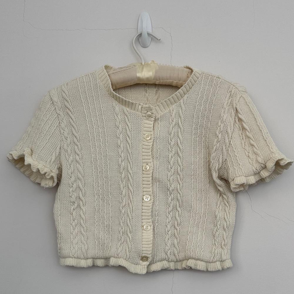 Zara Cream Cable-Knit Short Sleeve Cropped Button-down Cardigan